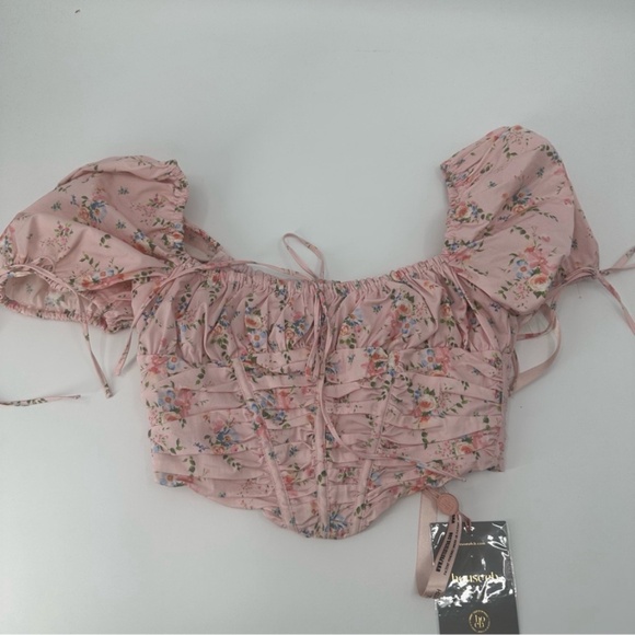 House of CB GRACIE PINK FLORAL PUFF SLEEVE CORSET TOP Size Large New with Tag - Picture 8 of 16